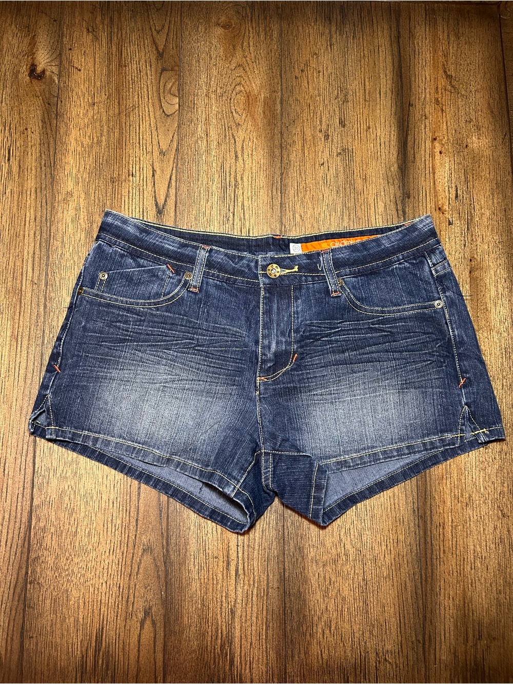 Akademiks Women's Dark Indigo Washed Denim Shorts with Orange Accents